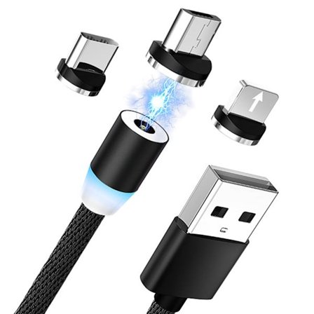 3-i-1 Magnetisk Laddningskabel 1 Meter Nylonfläta för Android iOS Typ C Svart M005