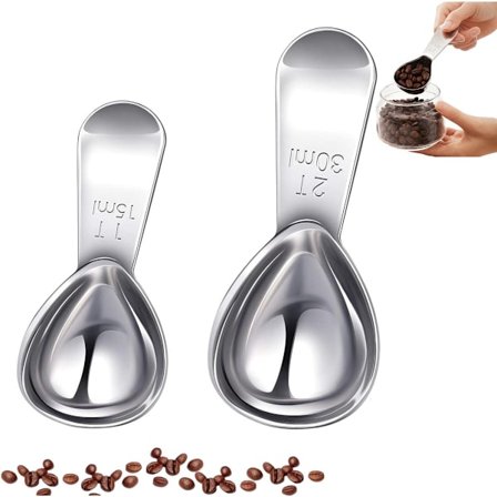 Kaksiosainen kahvin mittalusikkasetti kahvin, teen, sokerin ja jauhojen mittaamiseen, 15 ml / 30 ml (hopea).