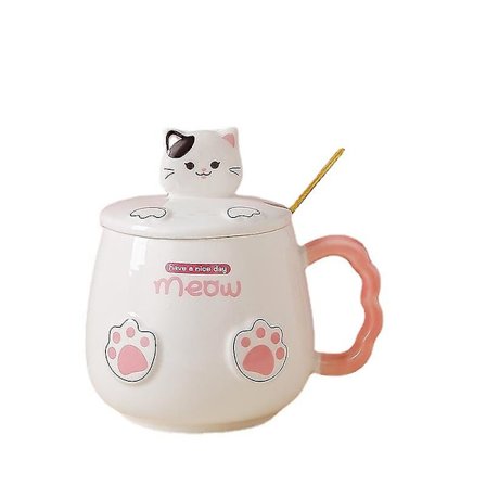 Søt kaffekopp i porselen med søtt kattelokk, Kawaii-skje, Nyhet Katte-ting Bursdag Jul UXV