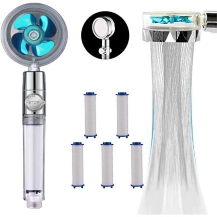 Handhållet Duschset + 5 Filterrefiller - Högtrycks Propeller Duschhuvud - Sparar och Filtrerar Vatten - Effektreglering med Stoppknapp