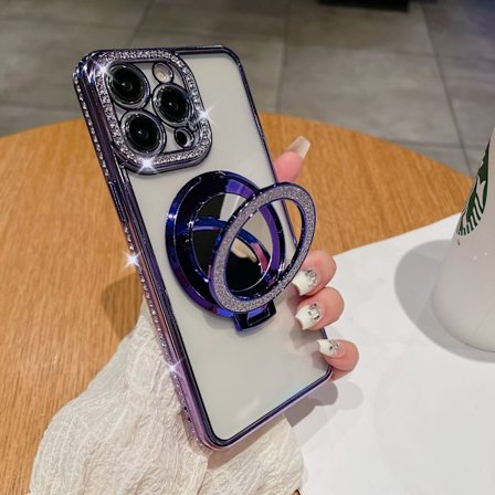RYI_Transparent Magnetisk Glitter Flip Makeup Spejl Holder Telefon Cover Kompatibel med iPhone 16 15 14plus Promax