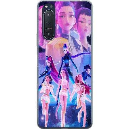 Yhteensopiva Puhelinkuori Sony Xperia 5 II K-pop-inspiroinut tulevaisuutta ennakoiva tyttöryhmä neonvaloissa ja kosmisessa sci-fi-esiintymislavalla