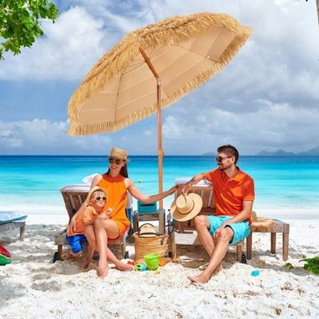 COSTWAY Hawaii Vippe strandparasol Ø200xH206 cm PP stråtækt tag Sandfastgørelse 2 aftagelige dele til havens gårdhave