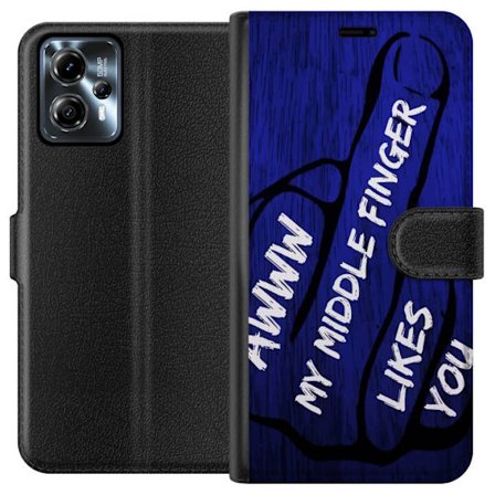 Kompatibelt Lommeboketui til Motorola Moto G13 Mørk typografisk illustrasjon med hjerteform og budskap om vennskap mot dyp blå tretekstur