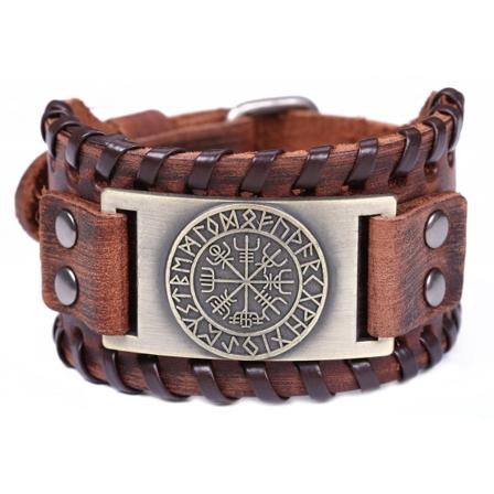 Pohjoismainen viikinkiruna nahkarannekoru, islantilainen Vegvisir-onnentunnus, (aito nahka leveä ruskea antiikkipronssi)