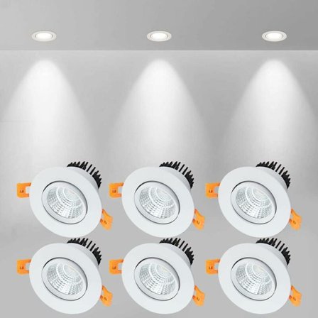 6 x LED-upotettavat spottivalot, 5W COB, viileä valkoinen 6000K, 500LM, 220-240V, valokeilan kulma 24°, IP44 (valkoinen)
