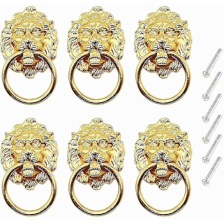 6 Pak Løvehoved Skuffegreb, Guld Skuffegreb Knapper Med Skruer Antik Stil Møbelgreb Til Kommode Skuffe Skab Smykkeskrin