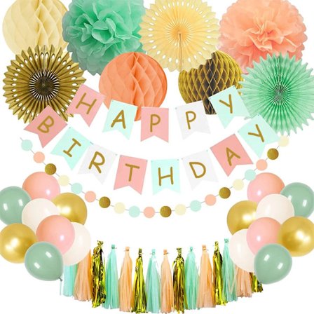 Xie Li Högkvalitativ Grön Guld Rosa Party Dekorationsset Grattis på Födelsedagen Banner Tofs Ballong Pom Pom