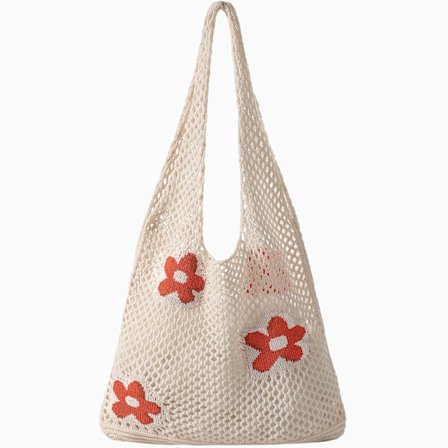 Hæklet strandtaske, stilfuld nettaske med skulderrem - Boho sommerferietaske til kvinder, pool- og strandessentia1s