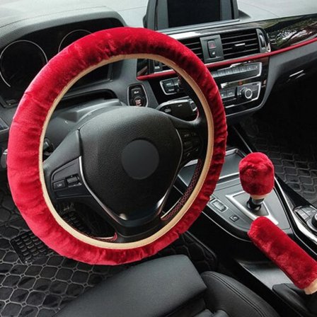 (Röd) Universal Plysch Leopard Bil Ratt Skydd Vinterpäls Handbroms Växelspaksskydd Set Biltillbehör