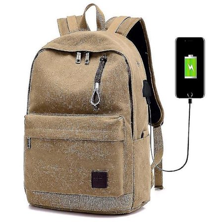 Ryggsekk Menn USB-Lading Retro Canvas Øretelefonhull Reise Sport Casual Multifunksjonell Ryggsekk