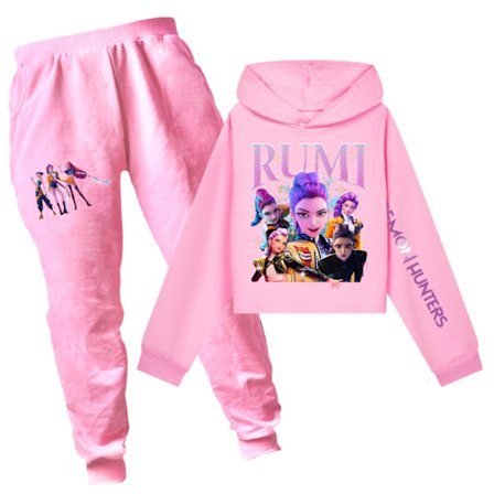 Kpop Demon Hunter Flickor Ledig Set: Tryckt Crop Hoodie & Byxor - Rosa Set all pink x-FM-