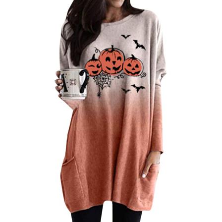 Färg Skull Print Halloween Rak Klänning Casual O-neck Lång S