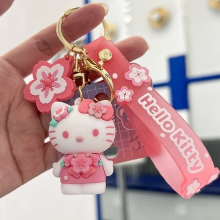 Rosa Sakura Tecknad Nyckelring, Kawaii Söta Nyckelringar Väskberlock Armband
