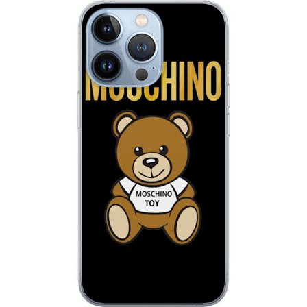 Kompatibelt Mobilskal till Apple Apple iPhone 13 Pro Moschino-inspirerad nallebjörn med text på tröjan, centrerad mot svart bakgrund med tydlig mod