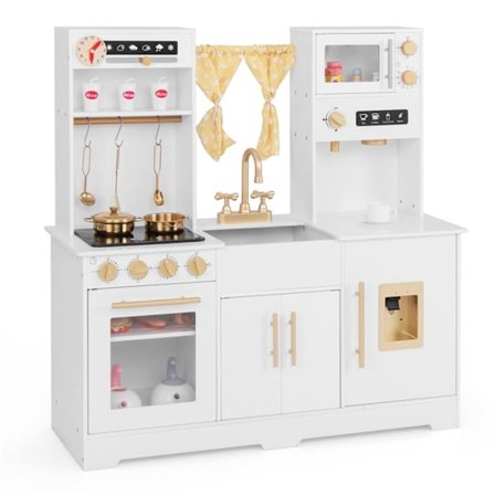 Puinen leikkikeittiö pesualtaalla ja tarvikkeilla lapsille