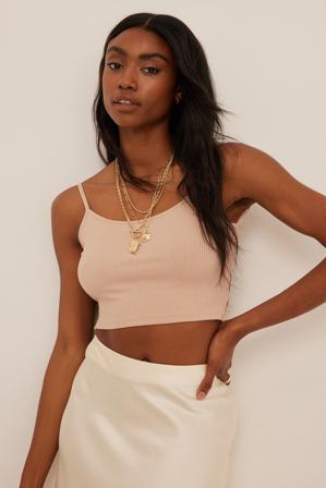 NA-KD Trend Kort ribbad singlet med band bak - Toppar med öppen rygg - Beige - Large