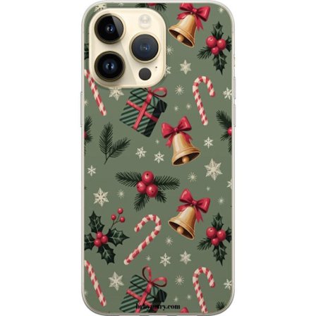 Apple iPhone 14 Pro Max Gjennomsiktig deksel Julmotiv med godteripinner, klokker, pakker og snøflak festlig mønsterdesign perfekt for julestemning h