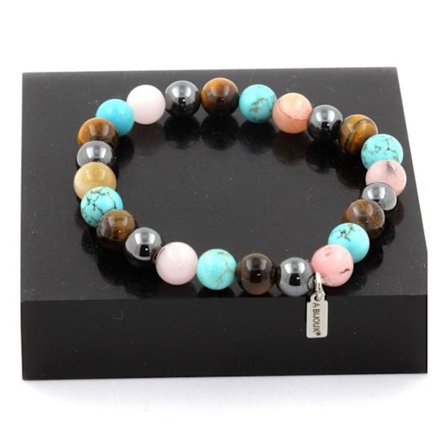 Kivet ja mineraalit. Rannekoru Tiger Eye Beads + Hematite + Pink Opal + Turquoise 8 Made in France.