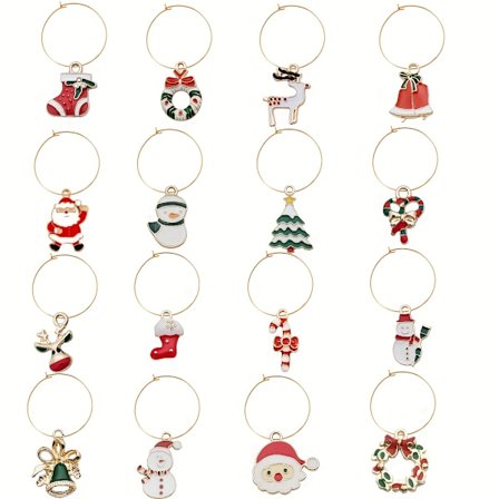 Jouluteemainen viinilasikoristeiden setti, 16 kpl, suunniteltu tunnistamaan korkeat lasit. Täydellinen lahja viinin ystäville tai koristeeksi