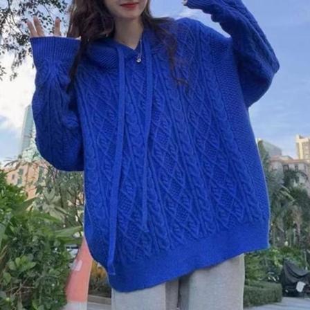 Damestrik efterår vinter sweater vestlig stil ungdommeligt udseende blød klæbrig trøje med hætte Blue M