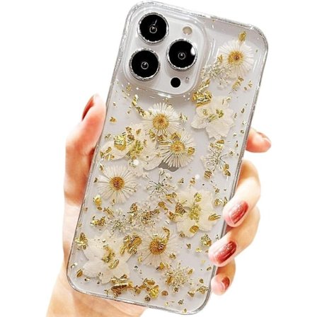 Design til iPhone 16 Pro Cover Blomster, Klart Sødt Glitter Presset Tørret Blomstermønster Cover Transparent Blødt Slim TPU Beskyttende (Guld 