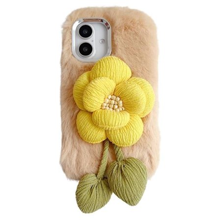 iPhone 16 Plush Phone Case 3D Flower Decor Fluffy Fleksibelt bagcover - Beige