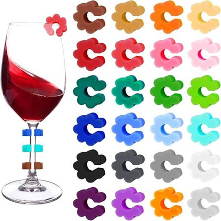 24 stk. vinglasmarkører i glas, glasmarkører, glasmarkører til drikkevarer, blomsterformede silikonemarkører til vinglas, farvede