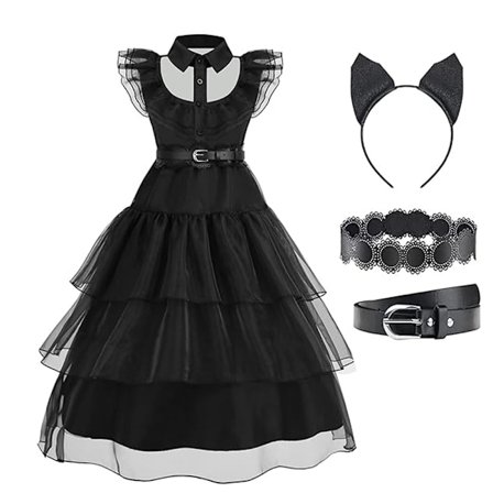 Wednesday Kostume Børn Sort Gothic Cosplay Kjole Sort Mesh Flare Kjole til Halloween Cosplay Fest