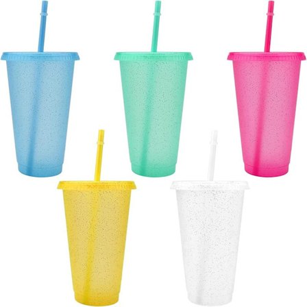 Uudelleenkäytettävät muovimukit, 5 kpl, värikkäät akryylimukit kansilla ja pilleillä, suuret jääkylmät muovimukit kylmälle vedelle.