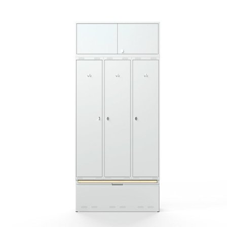 Garderobeskap, 3 seksjoner, overskap, uttrekkbar skuff med sittebenk, H2740 B1200 D550 mm, grå