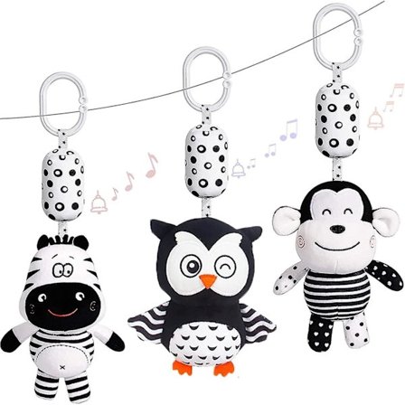 Sort og hvid barnevognslegetøj, 3 stk. plysdyr baby hængende ranglelegetøj med indbygget vind