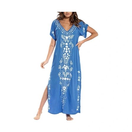 Broderad kortärmad bikini baddräkt cover up sidoslits strandkaftan klänning för kvinnor [co]