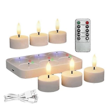 Uppladdningsbara Flamlösa Värmeljus med Laddningsstation 6st Batteridrivna Värmeljus med Fjärrkontroll & Timer[D]
