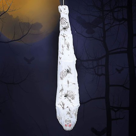 72 tums ljusupplyst kokongliknande kropp med IR-sensor och rörelsedetektor, täckt med blodig trasa, utomhus-/inomhusdekor hängande dekorationer