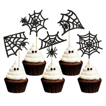 20-pack spindelnätsmuffinsdekorationer - 5 designer (4 av varje), Halloween- och spindeltema festtillbehör