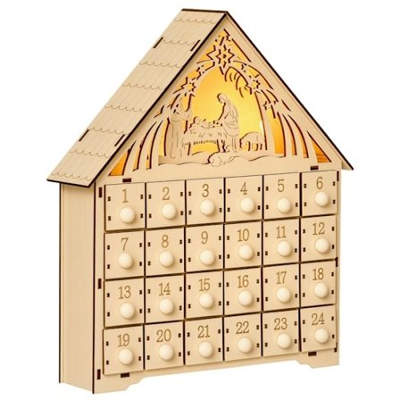 Fyllbar adventskalender - 24 skuffer og 5 LED-lys - laget av tre - 26,6 x 6 x 30 cm - naturlig tre