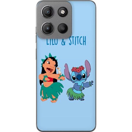 Kompatibel Mobilcover til Motorola Moto G15 Farverig illustration af Lilo og Stitch, der danser hula i græsskjorter