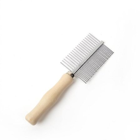 Dubbelsidig hund- och kattkam, dubbelsidig kam för pälsvård, metallkam för att lossa upp och ta bort mattor, skräp, tovor och knutar, trähandtag, 