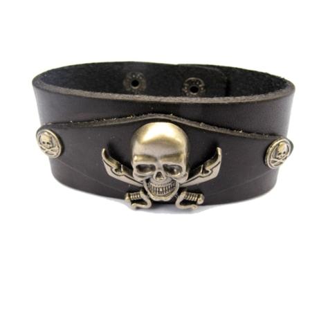 Læderarmbånd med piratskalle Black