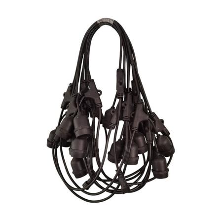 Svart utendørs lyslenke med 20 E27-uttak, rund kabel, lyslenkeforlengelse, lyslenketilkoblingskabel, lengde 10m.