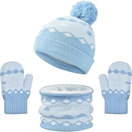 Hatt, skjerf og votter i strikk til barn, vintervarm lue med pompom og fleecefôr til småbarn, skjerf og votter, 3-delt sett for kaldt vær Blue