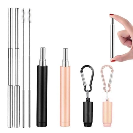 2-pakning Gjenbrukbare Metallsugerør, Sammenleggbare Rustfrie Stålsugerør med Rengjøringsbørste og Oppbevaringsetui, Bærbar Teleskopisk