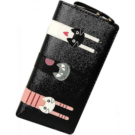 Söt Katt Lång Plånbok Dragkedja Plånbok Dam Plånbok Tjej Plånbok Läder Plånbok Barn Plånbok Myntfack Plånbok 18 Kortplatser Har En Fotoficka---svart