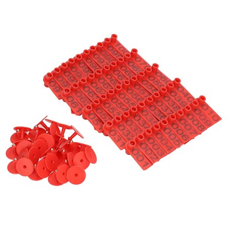 100 Sett Nummererte Øremerker for Storfe Nøyaktig Identifikasjonskort for Husdyr til Ku Gris Sau Rød