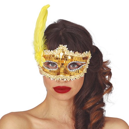 Gull Halvmaske med Paljetter & Fjær