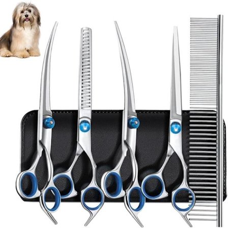 Hundeplejesaks Sæt i rustfrit stål med runde sikkerhedsspidser Inkluderer udtyndings-, buede og lige sakse samt kam, blå