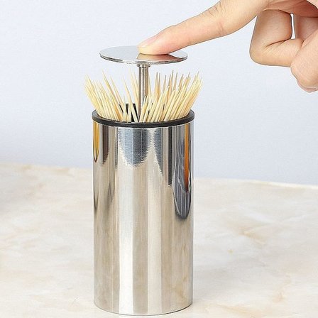 Tannpirkerholder, Automatisk Tannpirkerholderdispenser i Rustfritt Stål Klikk Åpen, Moderne Tannpirker Oppbevaringsboks for Bambus Tannpirkere