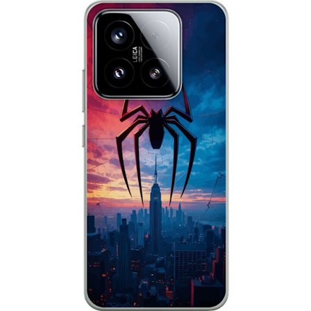 Kompatibelt Mobildeksel til Xiaomi Xiaomi 15 Stilisert edderkopp over bysilhuett i dramatisk solnedgang, grafisk fantasyillustrasjon med sterke fargek