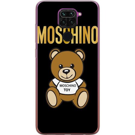 Kompatibelt Mobilskal till Xiaomi Xiaomi Redmi Note 9 Moschino-inspirerad nallebjörn med text på tröjan, centrerad mot svart bakgrund med tydlig mo